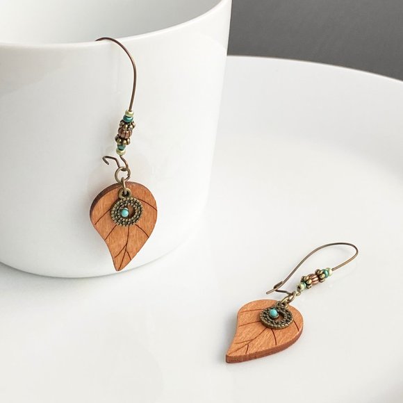 NEW Wooden Leaf Earrings - Picture 3 of 6